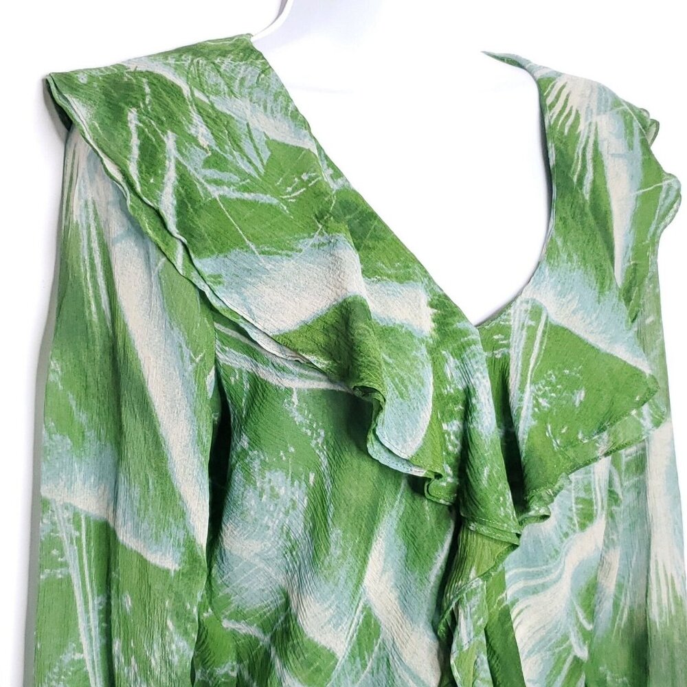 Marc Bouwer Silk Blouse Sz M Green Blue Crinkle Ruffle - Picture 3 of 7